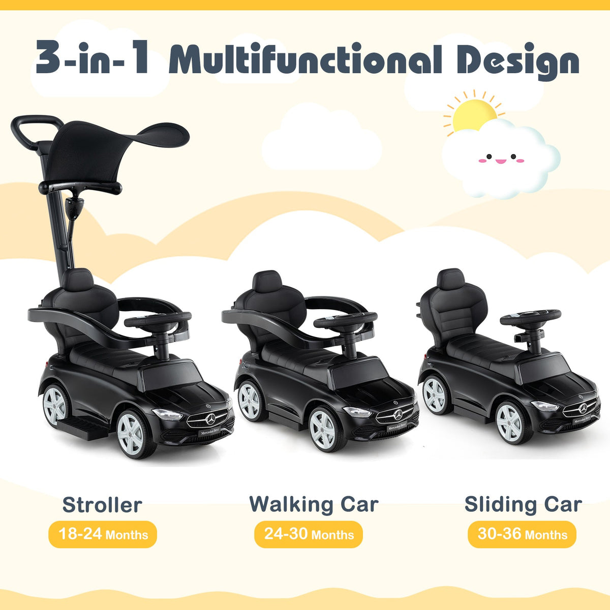3-in-1 Ride on Push Car Mercedes-Benz Licensed Sliding Car with Canopy