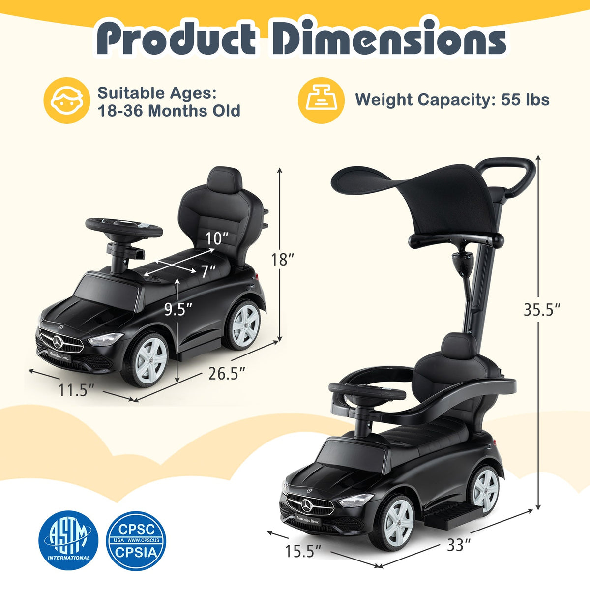 3-in-1 Ride on Push Car Mercedes-Benz Licensed Sliding Car with Canopy