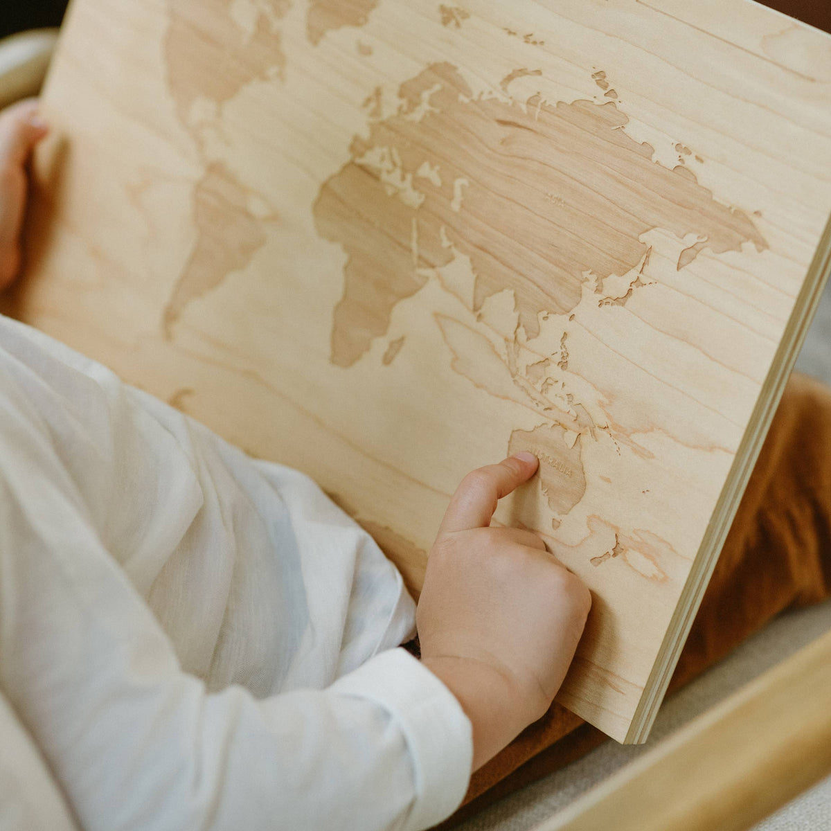 Wooden World Map Engraved on Wood with World's Continents