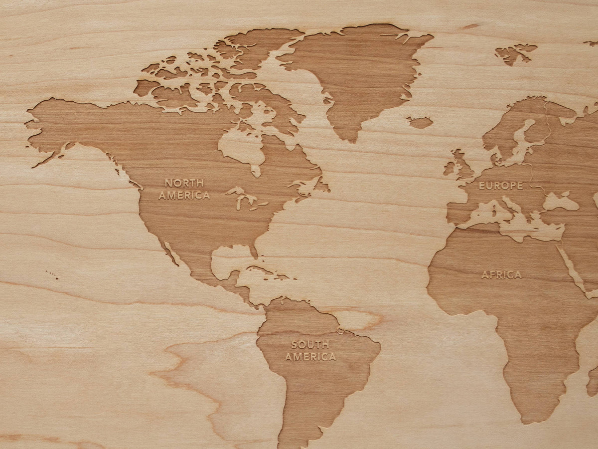 Wooden World Map Engraved on Wood with World's Continents